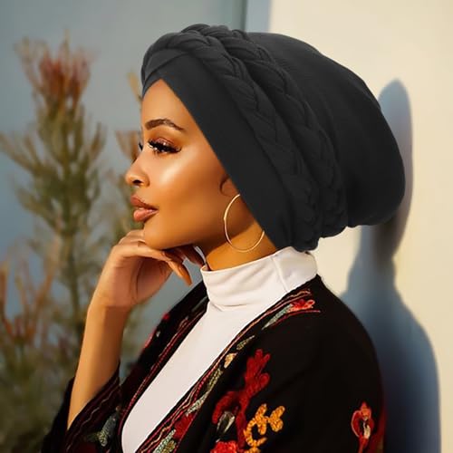DRESHOW African Turban for Women Knotted Hairwraps for Sleeping Turban Headwraps Head Warmer Scarf for Black Women Chemo Cap - color: 1 Pack With Two Twisted Braids: Black