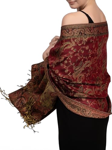 Achillea Reversible Paisley Pashmina Rave Scarf – Exotic Indian Shawls and Wraps for Evening Dresses, Festivals, All Seasons - color: Burgundy