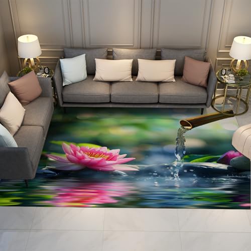 Spa Meditation Area Rug for Office Kitchen Dorm Decorative Pink Lotus Stream Water Ripples Pattern Carpet Soft Low Pile Rugs 4' x 6' - size: 4' x 6'