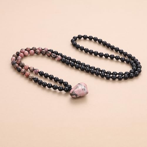 COAI Handmade 108 Mala Beaded Necklace for Women, Heart Pendant Necklace for Women - style: Onyx & Rhodonite