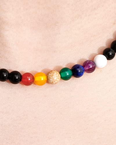 Reiki 7 Chakra Obsidian Beaded Necklace Protection Spiritual Crystals Meditation Yoga Necklaces for Women and Men Good Luck Jewelry - size: 18in