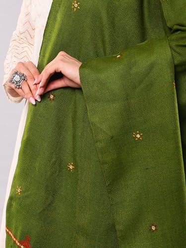 Exotic India Shawl from Kutch with Embroidered Mirrors - Pure Wool - color: Cedar Green