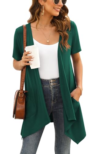 Veryoung Floral Short Sleeve Cardigans for Women Casual Drape Open Front Lightweight Summer Cardigan with Pocket High Low Hem - color: A05-dark Green, size: Medium