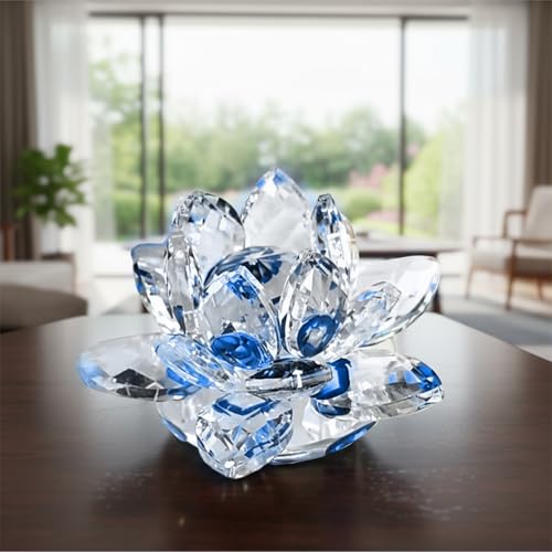 Sparkle Crystal Lotus Flower, Hue Reflection Feng Shui Home Decor, Blue | Crystal Lotus Shape, Faceted Petals, Compact Size, Desk Shelf Tabletop Display - color: Blue