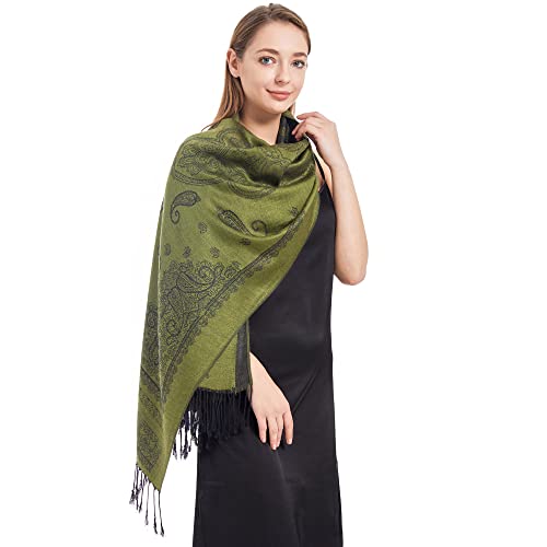 Ciormis Two Tone Silky Paisley Pashmina Shawl Scarf,Soft Women's Rave Jacquard Pashminas Wrap Scarves - color: B#. Green Paisley