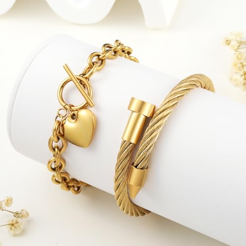 2PCS 18K Gold Plated Nail Bangle & Chain Bracelet Set for Women, Adjustable Stackable Bangle Jewelry, Dainty Gold Bracelet Gift for Women - color: Set H