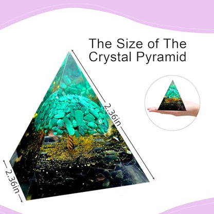 Tree of Life Orgone Pyramid,Natural Malachite&Obsidian Orgonite Healing Crystal Pyramid,Crystal Stone Positive Reiki Energy Generator Collection Wealth Lucky Meditation Tool(6cm) - color: Black Green