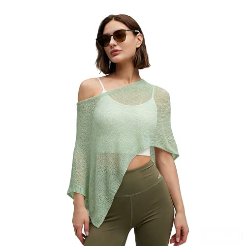 Women Sheer Poncho Top Summer Knit See Through Shrug Sweater Shawl Wrap Beach Cover Up KCSST001 - color: Light Green