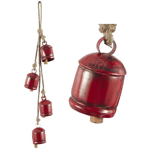 Deco 79 Metal Indoor Outdoor Decorative Cow Bells Tibetan Inspired Cascading Meditation Bell with 4 Bells on Jute Hanging Rope, Cow Bell 3" x 3" x 27", Red - color: Red, size: 3" x 3" x 27"