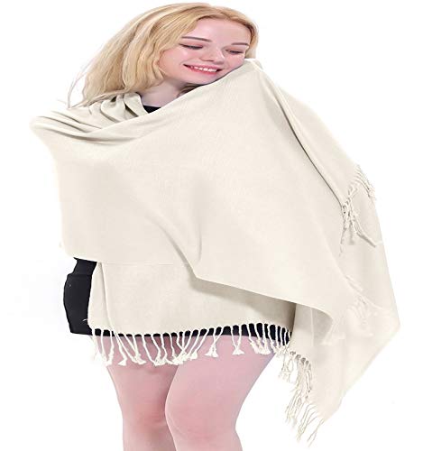 CJ Apparel Solid Color Tassels Design Nepalese Shawl Scarf Wrap Stole Throw Head Wrap Pashmina Gift Hand Made in Nepal New - color: Off White A1090