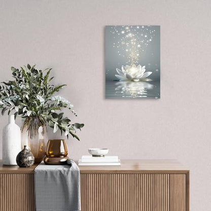 Ypxzzj Framed White Lotus Flower Wall Art for Living Room, Zen Canvas Wall Art for Yoga Bedroom,Meditation Spiritual Wall Decor Print for Bathroom Study Room Ready to Hang (12''x16'') - size: 16"L x 12"W