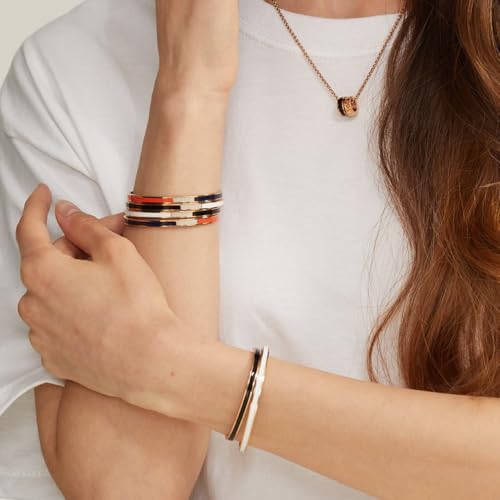 Minimalist Stainless Steel Cuff Bangle Bracelet for Women & Men – Adjustable Enamel Slim Oval Bracelet, Simple Everyday Jewelry Gift Box (Solid BR)