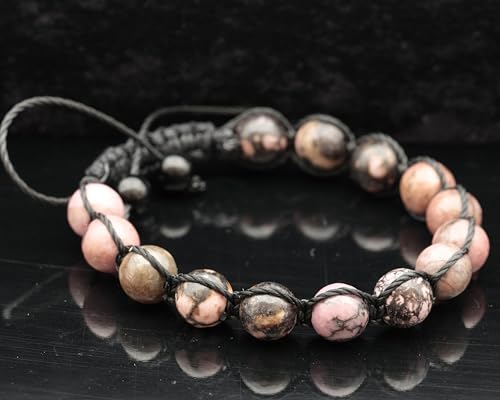 ElisaJewelryArt - Natural Black Onyx Beaded Bracelet Genuine Gemstone Strenght Crystal Macrame Bracelet Unisex Bracelet - color: Rhodonite, size: WOMEN