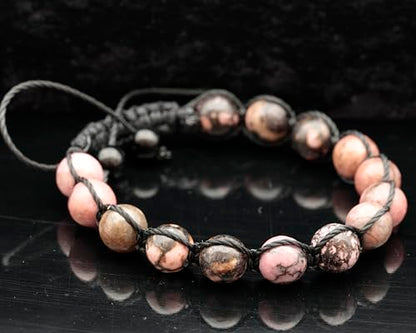 ElisaJewelryArt - Natural Black Onyx Beaded Bracelet Genuine Gemstone Strenght Crystal Macrame Bracelet Unisex Bracelet - color: Rhodonite, size: WOMEN