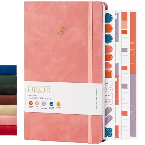 Oriole Vegan Leather Ruled Notebook - Pink | 176 Pages of Thick Lined Paper | Soft Touch Hardcover Journal (5 x 8 in) with Gold Foil Bird Design & Luxury Gift Box - color: Pink