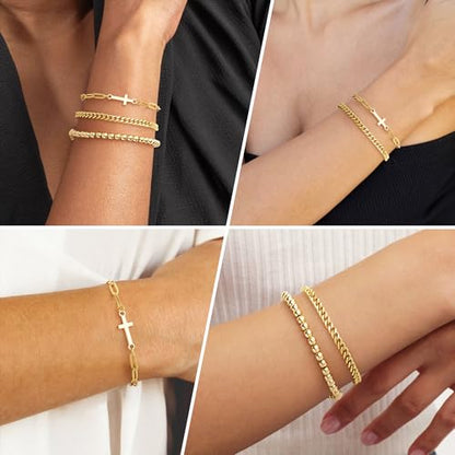 3mm Diamond Classic Tennis Bracelet for Women Dainty, Gold Jesus Cross Bracelets Trendy, 14K Gold Plated Heart/Evil Eye/Pearl/Starfish & Seashell Charm Bracelets for Women Bulk - style: Cross Beaded Cuban-Gold