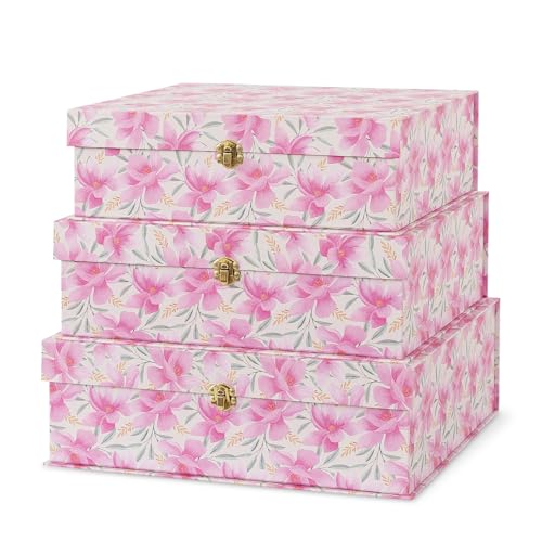 Soul & Lane Pink Floral Cardboard Decorative Storage Boxes with Gold Hardware - Set of 3, Garden Blush - Stacking Boxes with Lids for Home Decor and Organizing, Elegant Design - color: Garden Blush