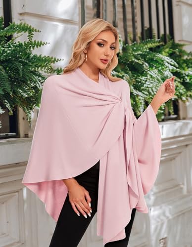 PULI Womens Elegant Cross Front Shawl Wraps Knitted Ponchos Cape Light Weight Poncho Sweater Soft Warm Travel Wraps - color: Pink