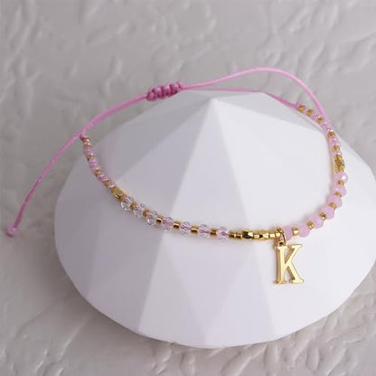 Pink Gold Beaded Natural Stone Initial Bracelets for Women Teen, Boho Handmade Personalized Gemstone Beads Letter Name Braided Rope Adjustable Bracelet Beach Bohemian Jewelry Gift - color: M