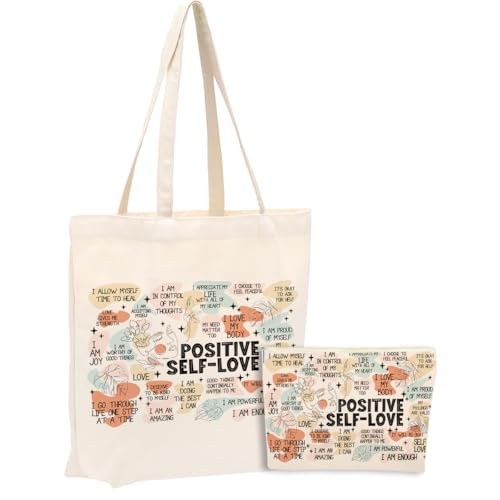 Positive Affirmations 2PCS Makeup Cosmetic Bag Canvas Tote Bag Beach Bag for Shopping Work Office,Self Love Gifts Inspirational Mental Health Gifts for Female Friend Mom Birthday Christmas Friendship - color: Positive SelfLove 0909