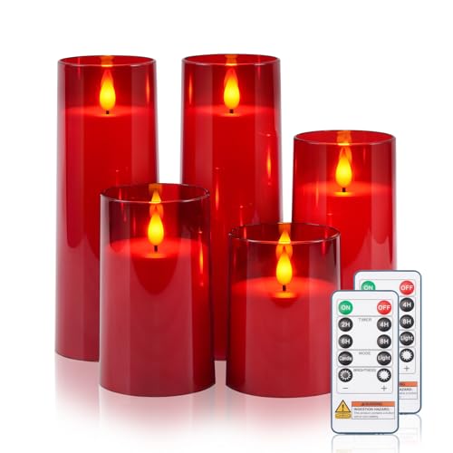 Raycare Independence Day Flameless Candles Battery Operated with Remote Timer, Acrylic Flickering LED Pillar Candle for 4th of July Home Patriotic Decor, Gift for Family and Friend, Red, Set of 5 - color: Red-5pcs