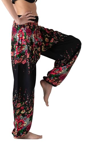 B BANGKOK PANTS Harem Pants Women Yoga Boho Clothes with Pockets - color: Black Floral, size: 24-28 Plus