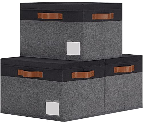 GhvyenntteS Extra Large Storage Bins with Lids, Foldable Fabric Storage Boxes with Lids and Handles, Storage Baskets with Lid and Label for Home Office (3 Pack, Grey&Black, 15.75" x 11.8" x 10.2") - color: Grey with Black, size: Extra Large-3 Pack