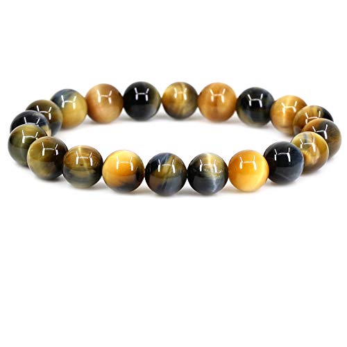 Amandastone Natural Gemstone 10mm Round Beads Stretch Bracelet 7 Inch - color: Golden Blue Tiger Eye