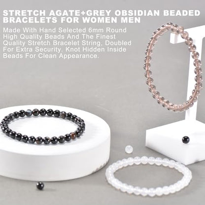 3PCS Agate Bracelet for Women Men Natural Round Beaded Agates Stone Healing Stretch Bracelets Elastic Handmade Polished Gemstone Beads Bracelet - color: White+Grey+Black White