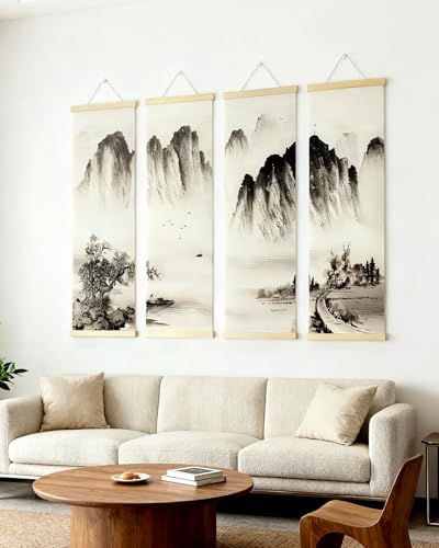 TaraZen Landscape Wall Painting Set of 4 - Chinese Ink Mountain River Scroll, Vertical Asian Wall Art Decor with Wood Frame for Living Room, Bedroom & Office - style: Asian