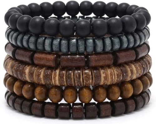 5pcs Wooden Bead Bracelet Set with Charm and Tassel for Men & Women - Stackable Boho Bracelets, Amber Color Scheme Adjustable Bracelet - color: Brown Gray
