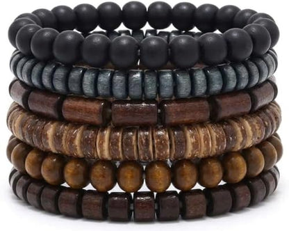 5pcs Wooden Bead Bracelet Set with Charm and Tassel for Men & Women - Stackable Boho Bracelets, Amber Color Scheme Adjustable Bracelet - color: Brown Gray