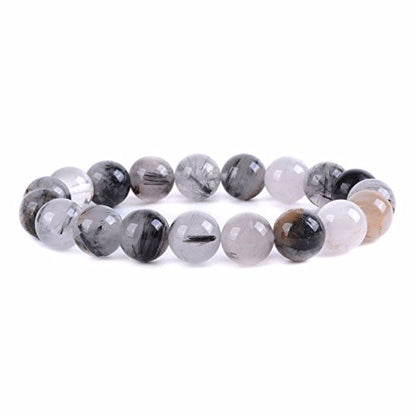 Justinstones Gem Semi Precious Gemstone 10mm Round Beads Stretch Bracelet 7 Inch Unisex - color: Black Tourmaline Rutilated Quartz