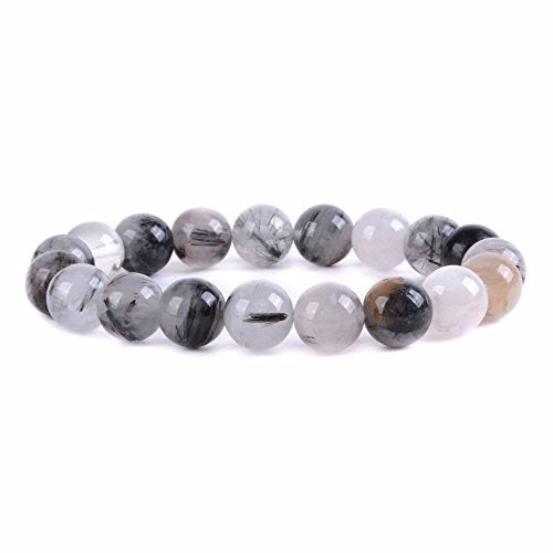 Justinstones Gem Semi Precious Gemstone 10mm Round Beads Stretch Bracelet 7 Inch Unisex - color: Black Tourmaline Rutilated Quartz