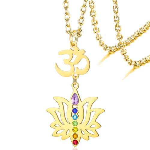 VASSAGO Lotus Flower Chakra Necklace for Women Lotus Flower Necklace 7 Chakra Pendant OM Symbol Buddha Amulet Spiritual Healing Jewelry Yoga Meditation Gift - color: Gold 2