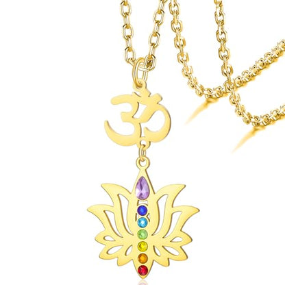 VASSAGO Lotus Flower Chakra Necklace for Women Lotus Flower Necklace 7 Chakra Pendant OM Symbol Buddha Amulet Spiritual Healing Jewelry Yoga Meditation Gift - color: Gold 2