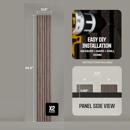 2-Pack Acoustic Wood Slat Panels - Soundproof Wall Paneling for Interior Decor