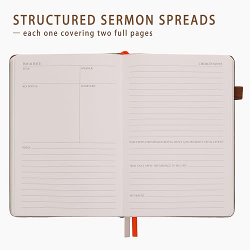 Sermon Notes Notebook with Pen & Gift Box, Guided Church Bible Journal for Christians, A5 Leather with Gold Cross | 240 Thick Pages for Study, Reflections & Prayer Notes, Pastor Gifts