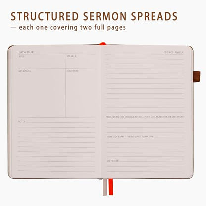 Sermon Notes Notebook with Pen & Gift Box, Guided Church Bible Journal for Christians, A5 Leather with Gold Cross | 240 Thick Pages for Study, Reflections & Prayer Notes, Pastor Gifts