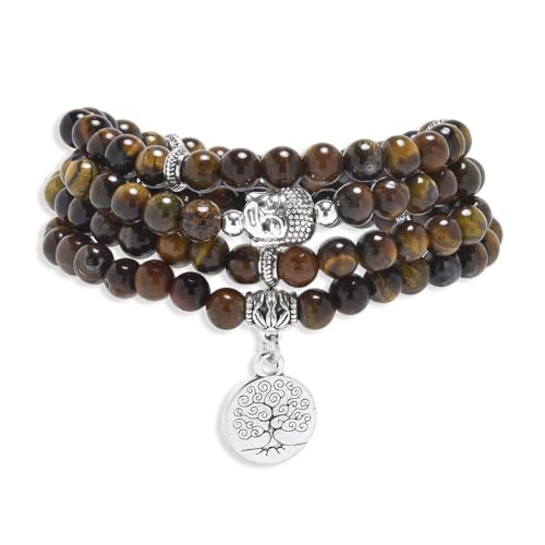 Tree of Life Charm Bracelet or Necklace - 108 Buddha Beads, Handmade Mala Meditation Jewelry, Prayer Beads for Yoga - style: Brown Tiger Eye
