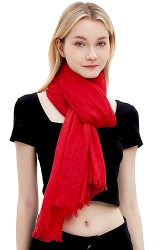 Women Summer Scarfs Lightweight Large Long Gauze Shawl Linen Beach Wrap Plain 75”×43” - color: Red