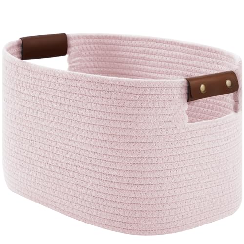 ECDYQXVU Cotton Rope Basket, Storage Baskets with Handle, 15x10x9 Inch Woven Basket for Shelves, Laundry, Towels, Clothes, Books (Light/Pink 1Pack) - color: Light Pink-1 Pack, size: 1 Pack