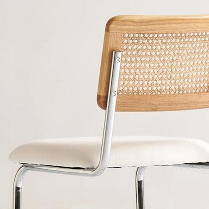 Natural Rattan Counter Height Stools Set of 2 with Solid Wood Back, 24 Inch Mid Century Modern Cesca Bar Stools, White Upholstery Boho Stool for Kitchen Counter with Chrome Metal Legs - color: White, size: 2PCS-24'' Counter Height Stool
