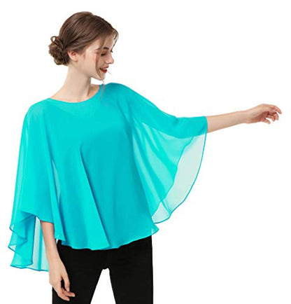 Capes for Womens Casual chiffon shawl Casual Chiffon Cape Sheer shawls and wraps Poncho Capelets Cover Up - color: Aqua Green