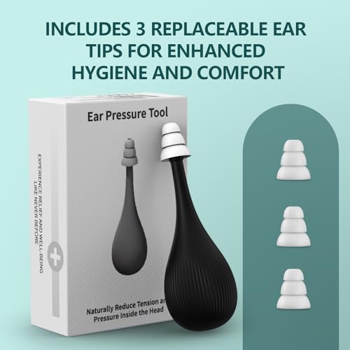 Ear Pressure Relief Suction Device for Migraine & Tinnitus Relief, Reusable Ear Pressure Relief Tool for Ringing Ears, Clogged Ears & Airplane Travel Discomfort, Includes 3 Sizes Earplugs, Black