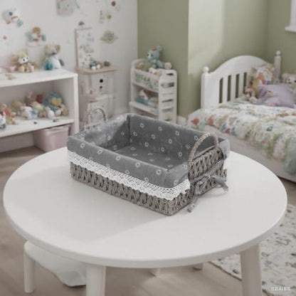 Paper Rope Basket for Organizer on Shelves,Set of 2 Handmade Grey Woven Rectangle Storage Basket Set with Handles and Removable Liners,Ideal for Cosmetics, Toys, Snacks