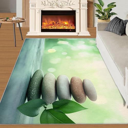 Stone Zen Rug, Fresh Green Design Area Rug - 2x5 Washable & Non Slip Japanese Oriental Rugs for Meditation Room, Soft Noise Reduction Indoor Carpet Peaceful & Natural Decor Floor Mats