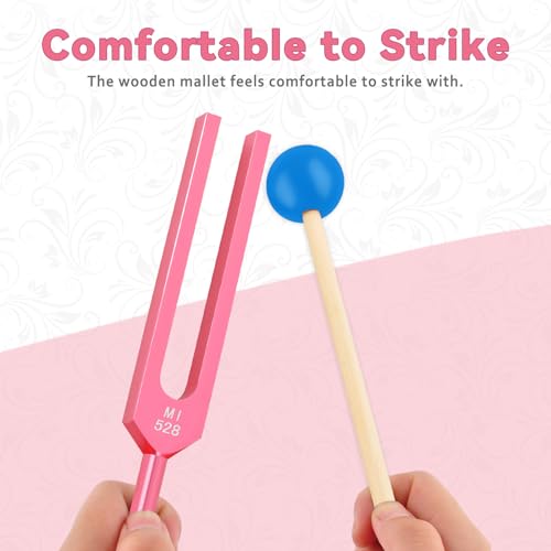 EASTROCK 528 Hz Tuning Fork Sound Therapy Instruments Meditation and Relaxation Instrumtnes with Silicone Hammer and Soft Bag (528 HZ-PINK) - size: 528HZ-PINK