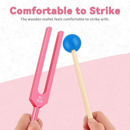 EASTROCK 528 Hz Tuning Fork Sound Therapy Instruments Meditation and Relaxation Instrumtnes with Silicone Hammer and Soft Bag (528 HZ-PINK) - size: 528HZ-PINK