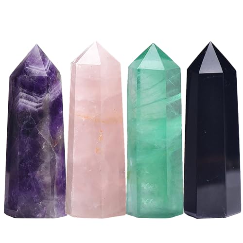 4PCS 1.96-2.75" Natural Crystals Tower Figurine Ornaments Polishing Rose Quartz Amethyst Stone Hexagonal Point Wand Obelisk Statue for Aquarium Decorative Rocks Gifts Home Decor(1.96-2.75inch 4pcs) - color: 4color/1.96-2.75inch 4pcs